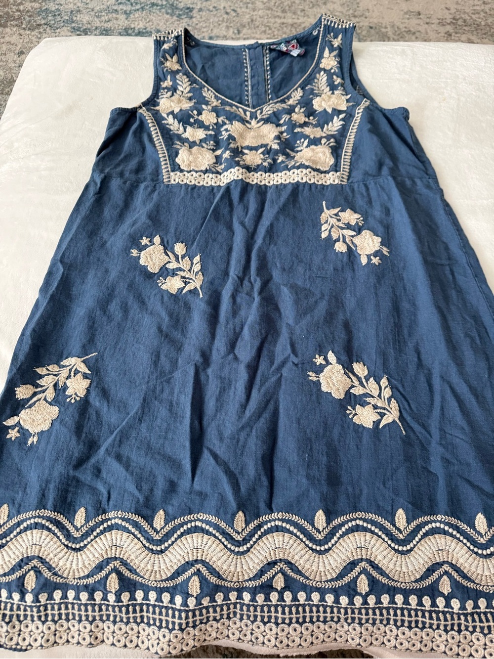 Johnny Was Briar Button-Back Dress, blue linen sleeveless mini dress M D91